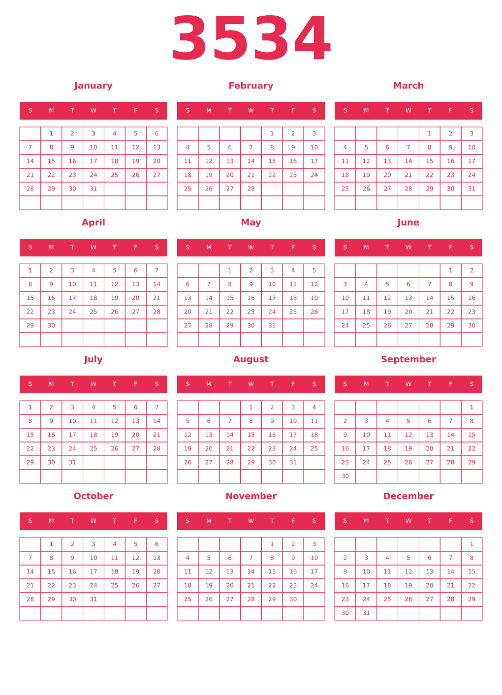 Printable 3534 Year Calendars amaranth