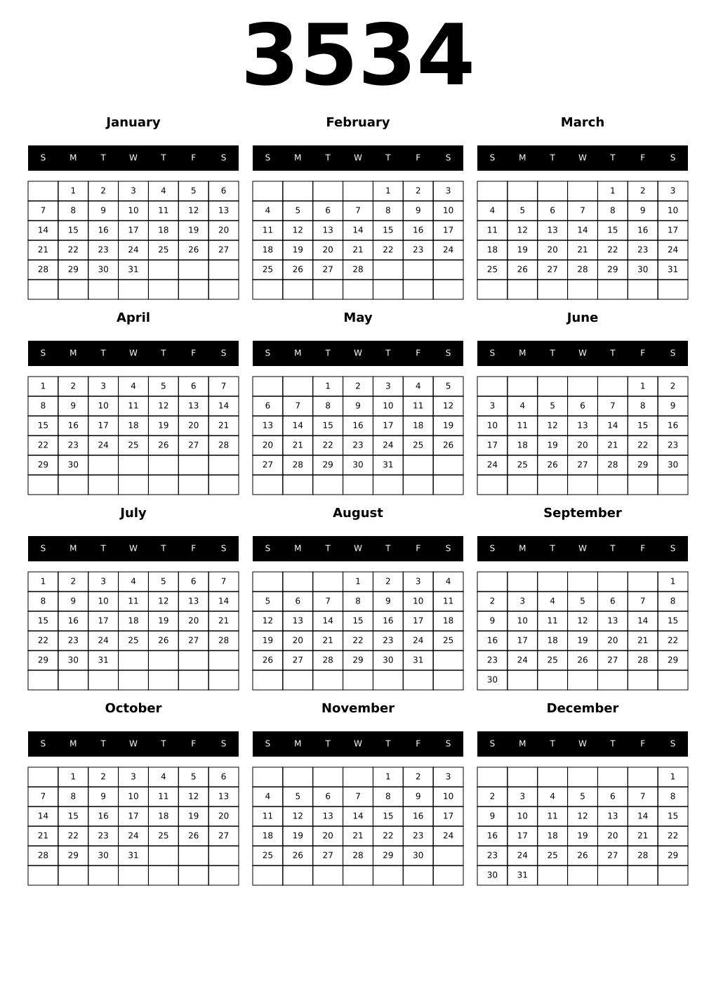Printable 3534 Year Calendars black