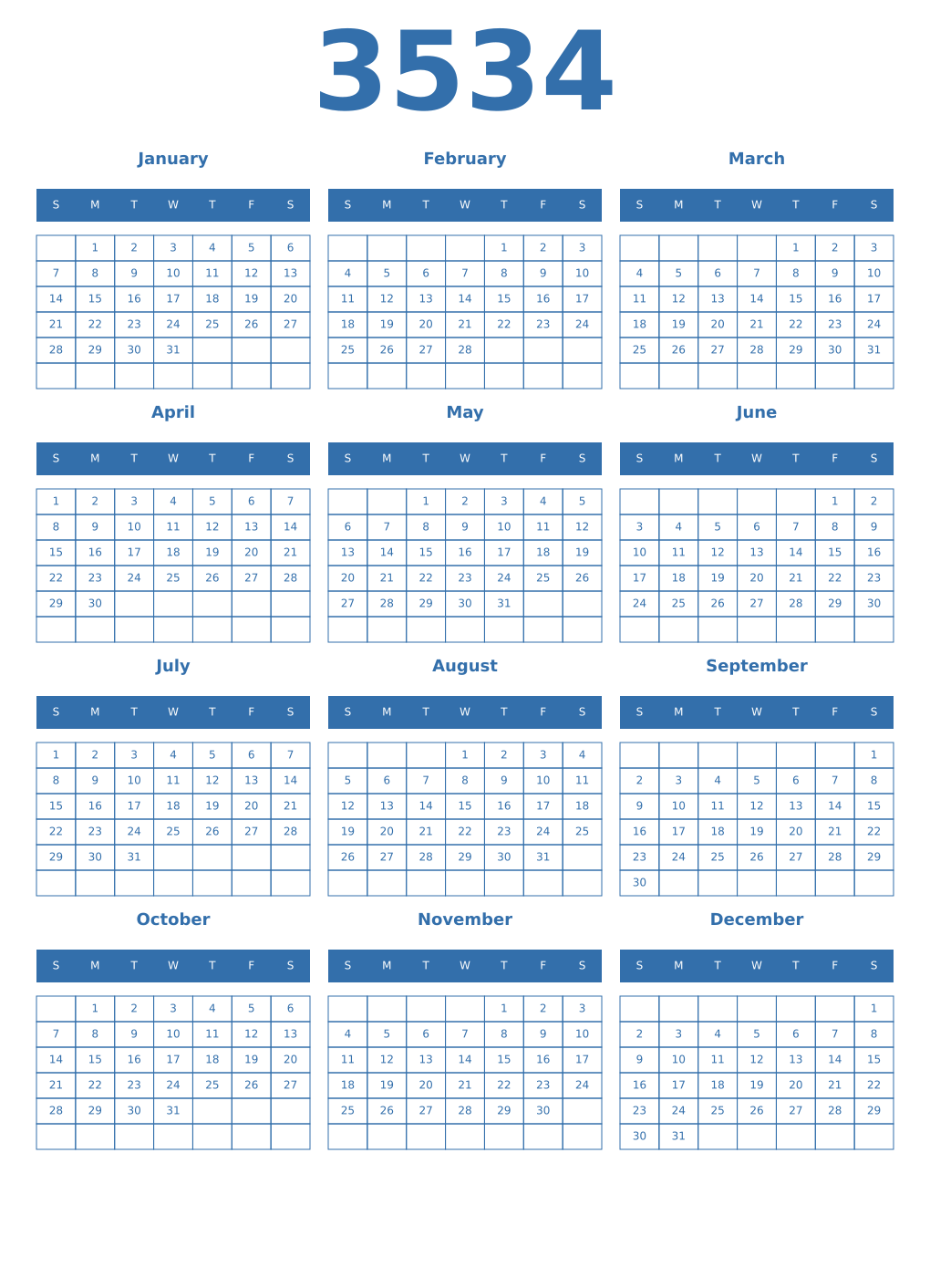 Printable 3534 Year Calendars blue