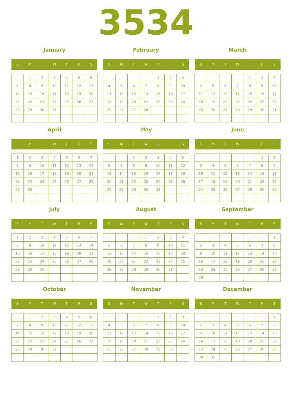 Printable 3534 Year Calendars chartreuse