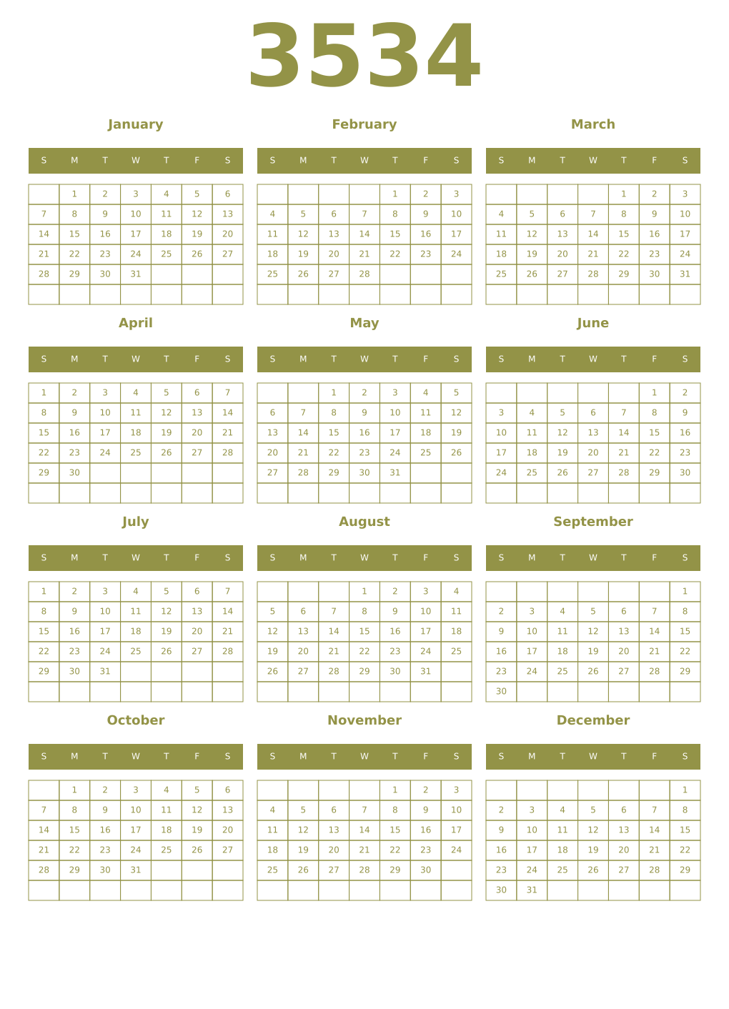 Printable 3534 Year Calendars eburnean