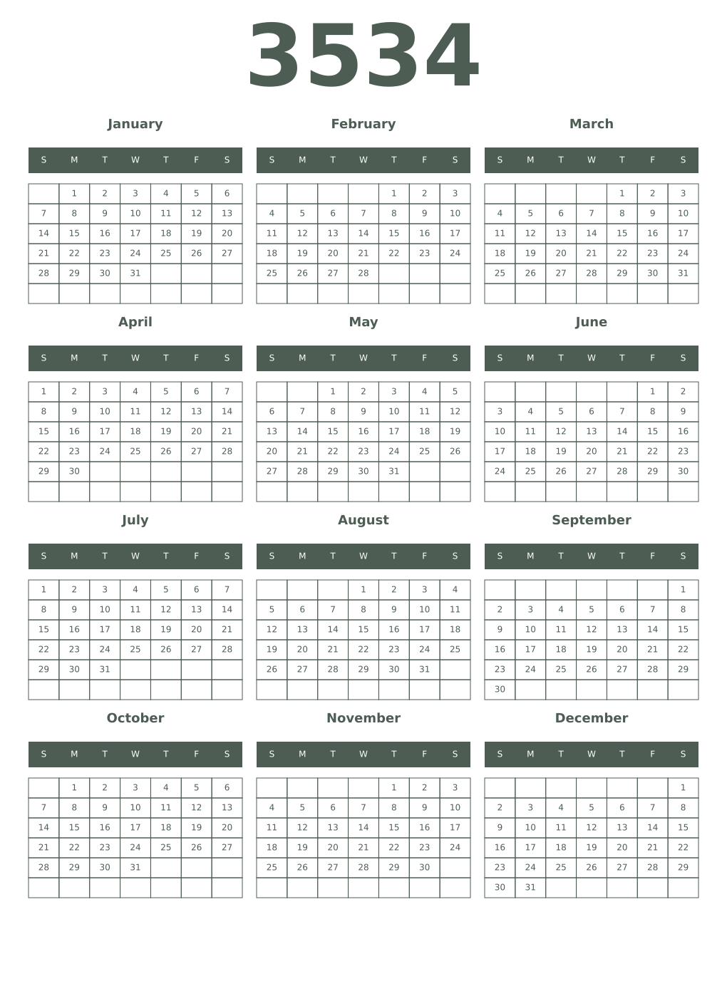 Printable 3534 Year Calendars feldgrau