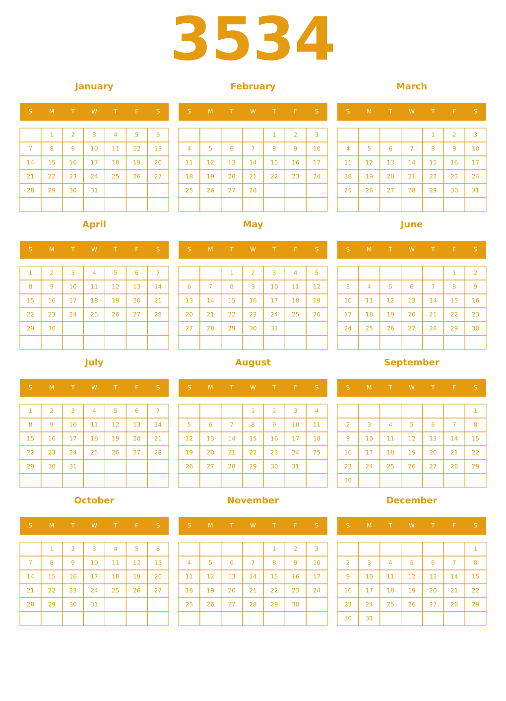 Printable 3534 Year Calendars gamboge
