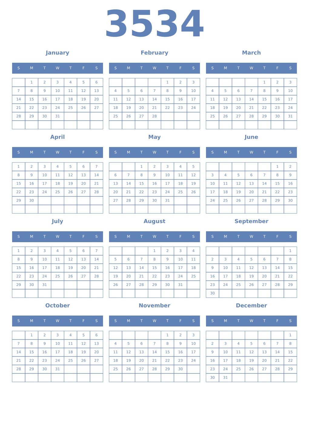 Printable 3534 Year Calendars glaucous