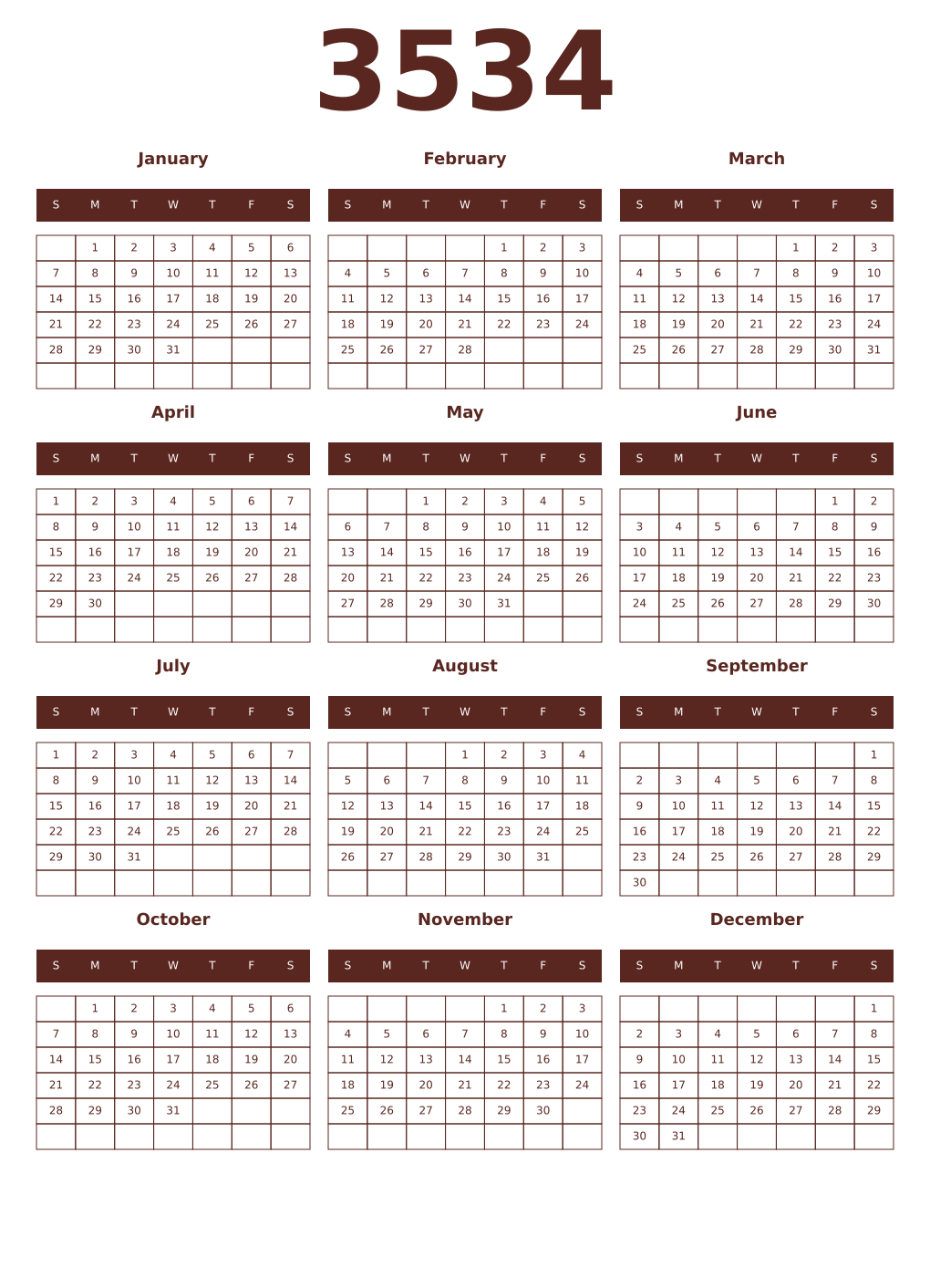 Printable 3534 Year Calendars mortuum