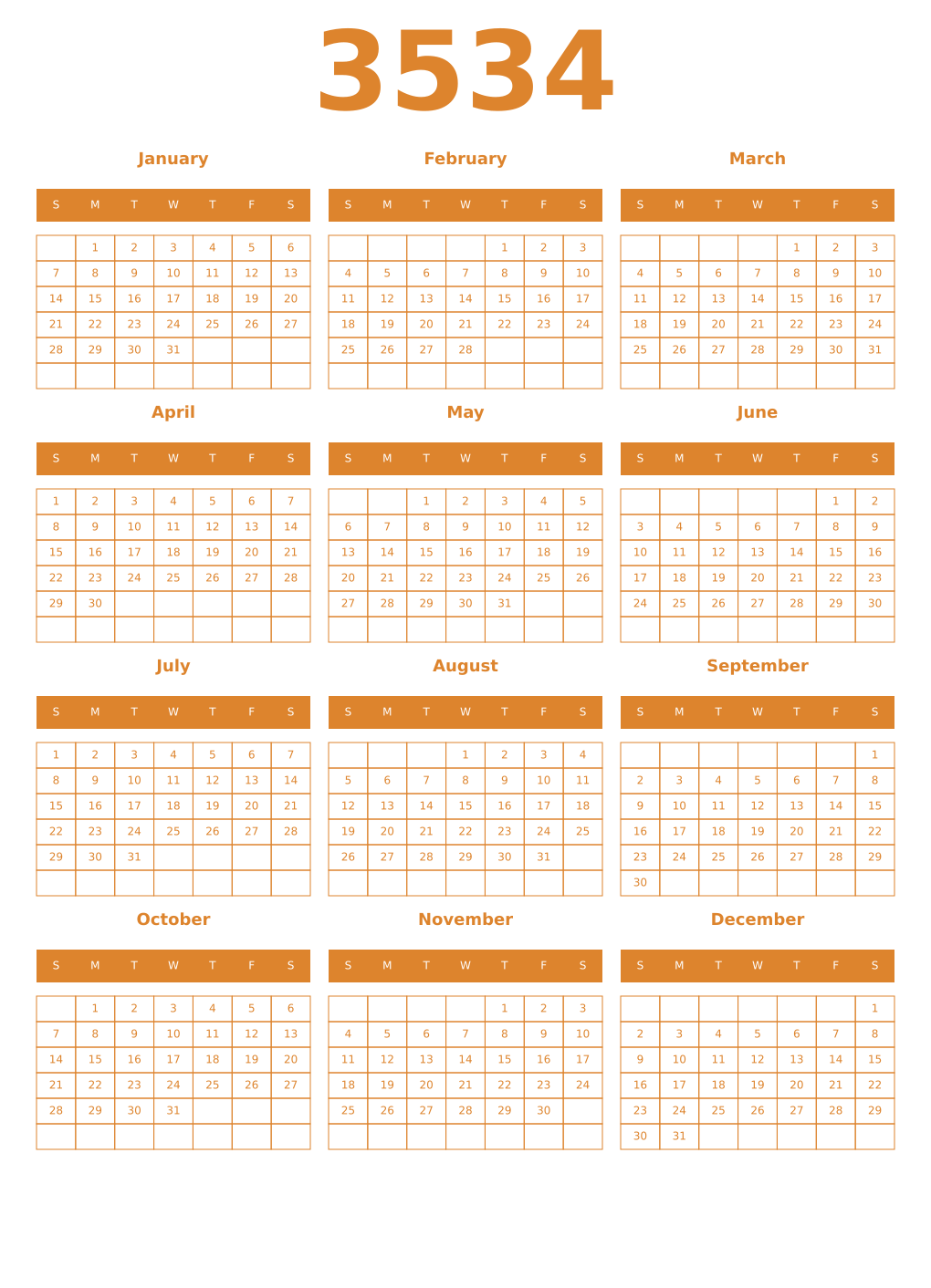 Printable 3534 Year Calendars orange