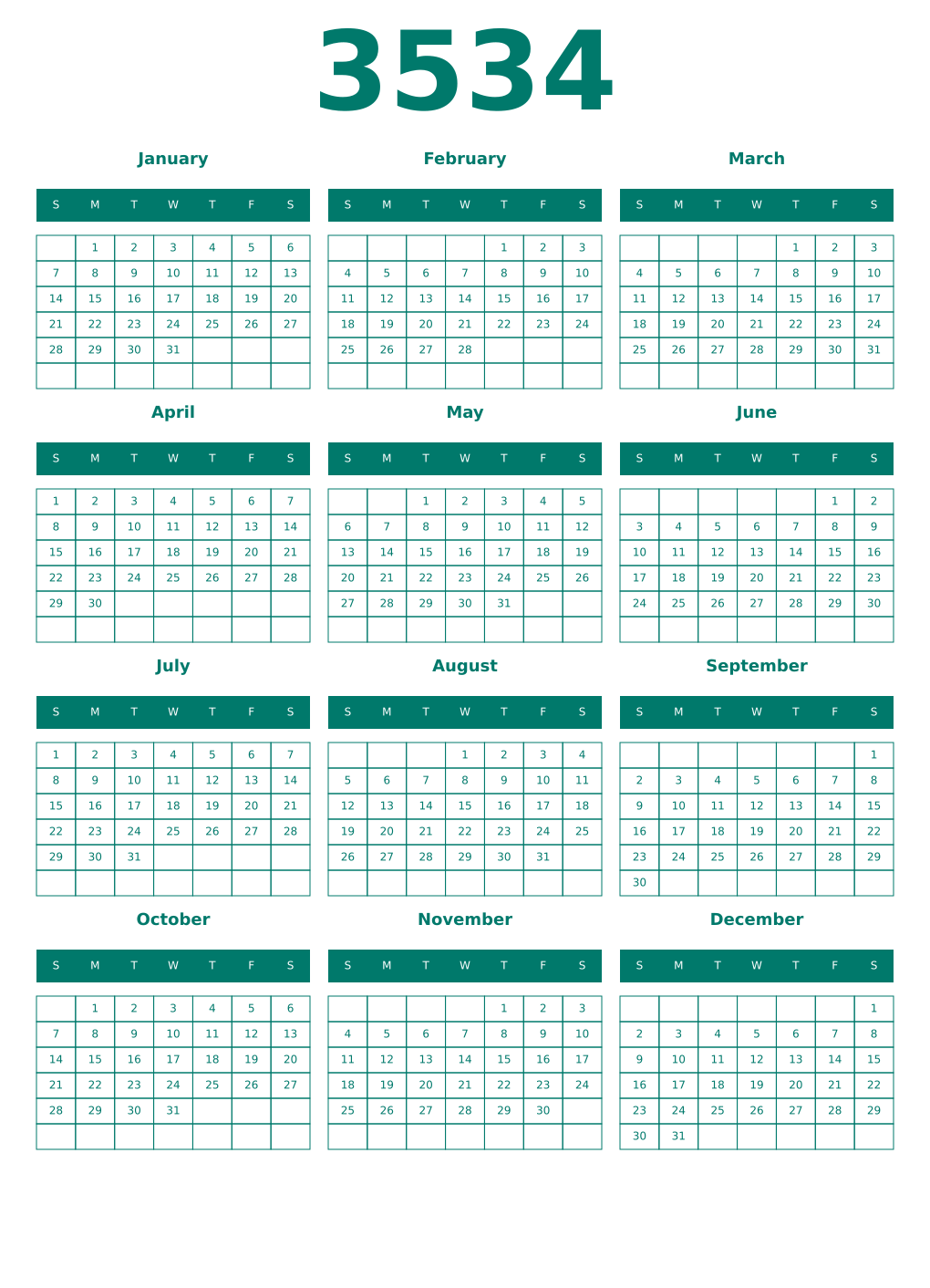 Printable 3534 Year Calendars pastel
