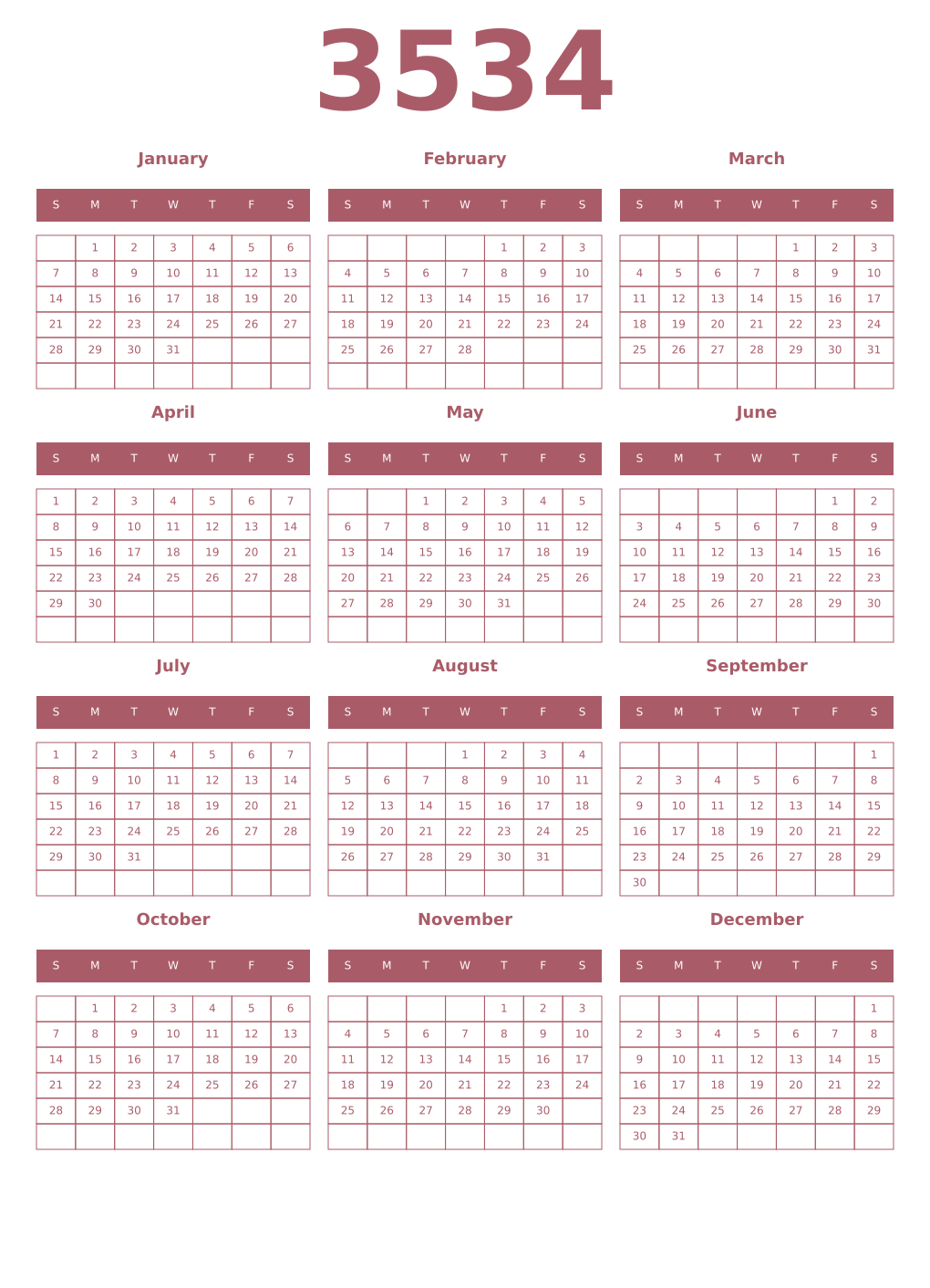 Printable 3534 Year Calendars puce