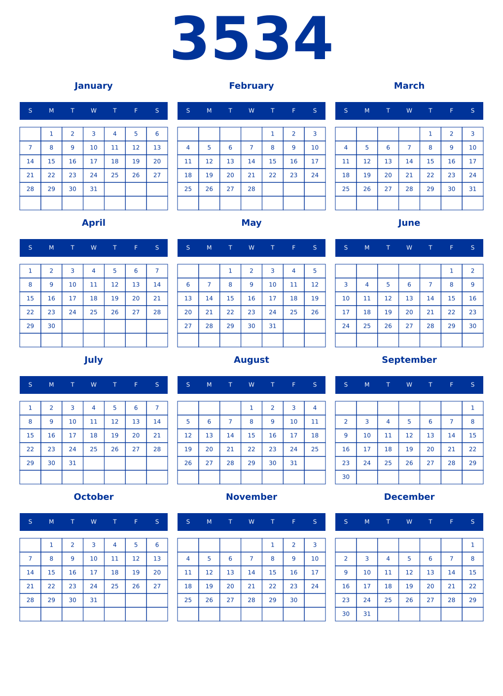 Printable 3534 Year Calendars smalt