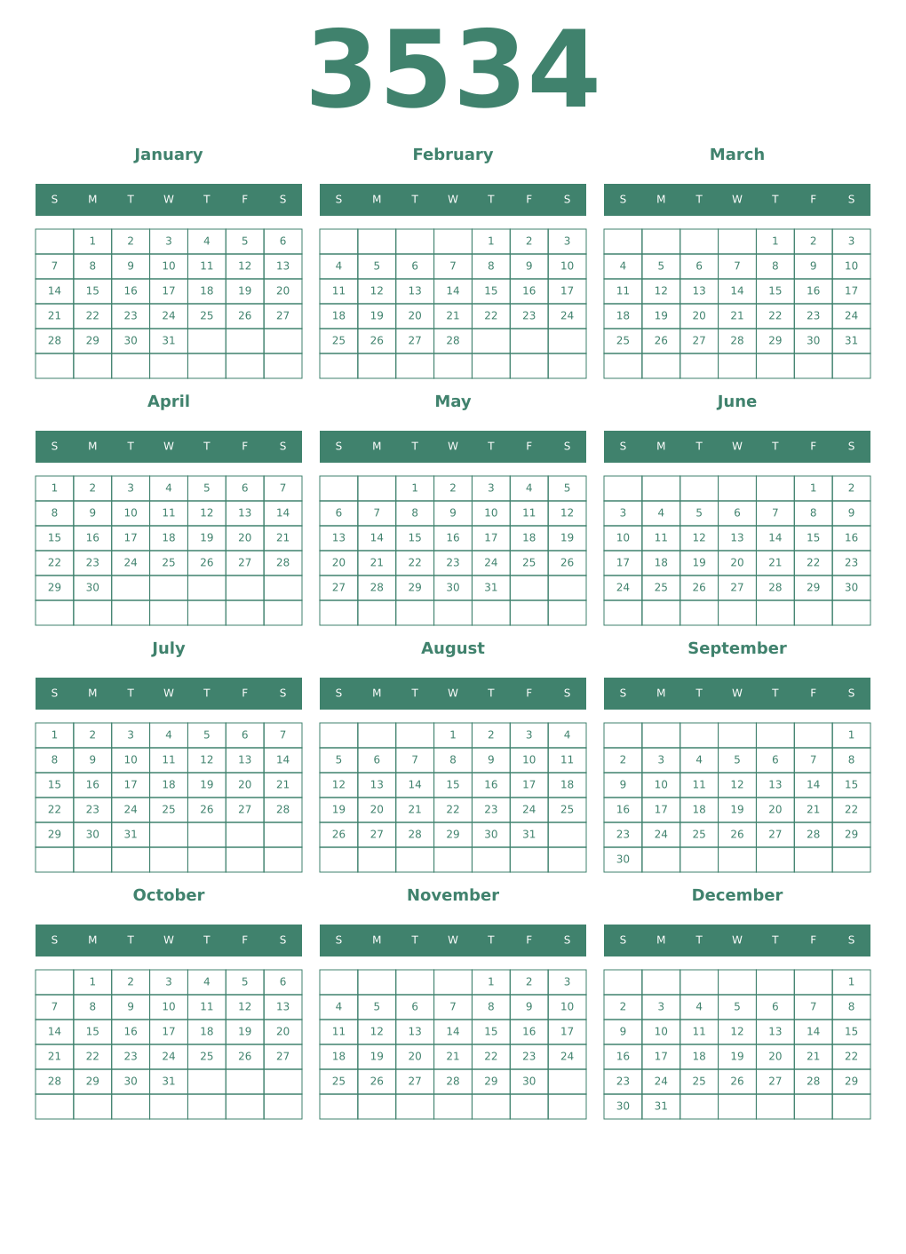 Printable 3534 Year Calendars viridian