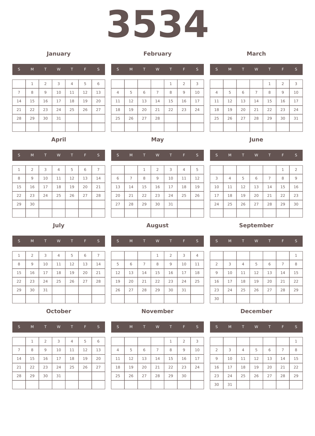Printable 3534 Year Calendars wenge