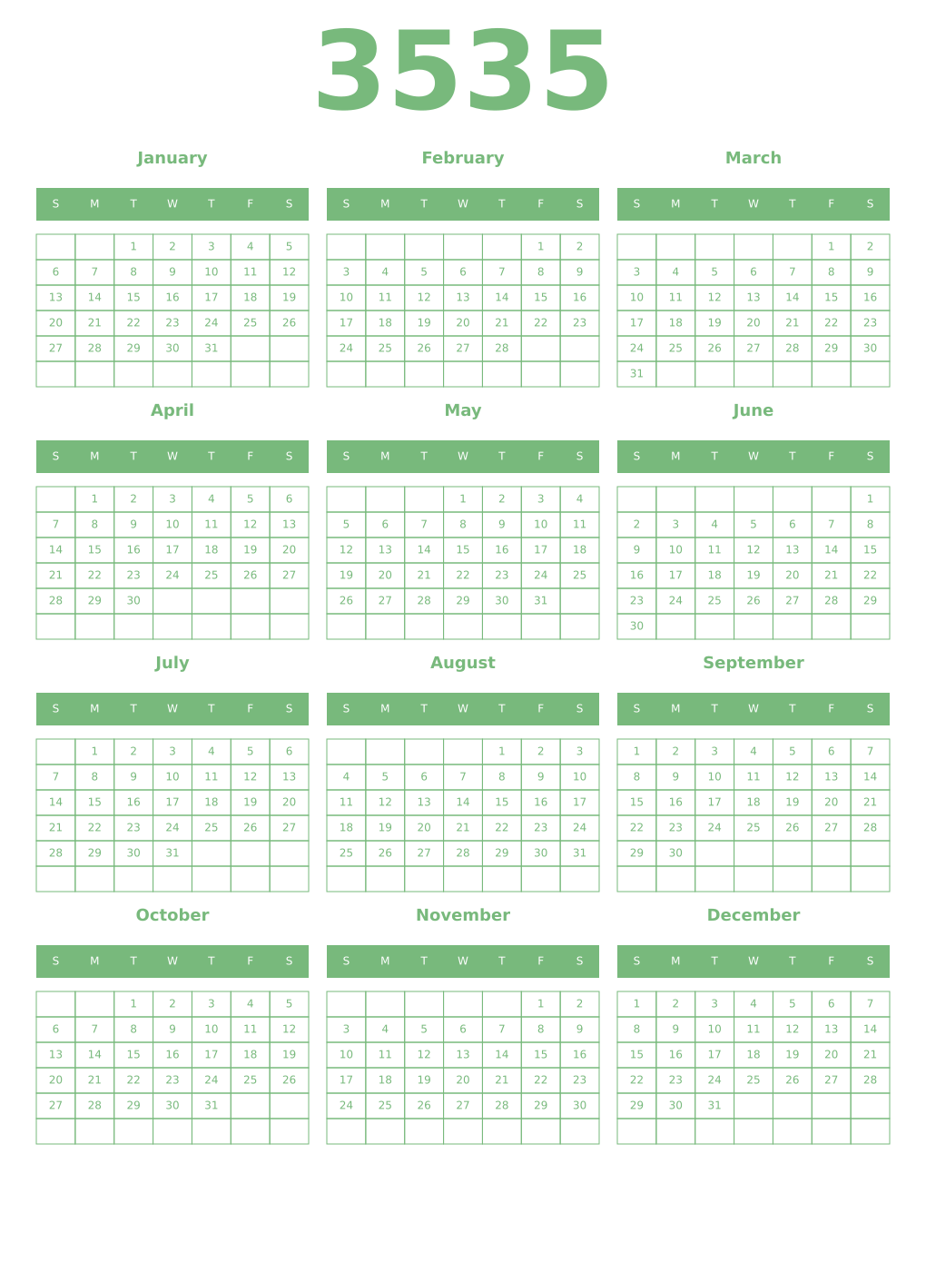 Printable 3535 Year Calendars celadon