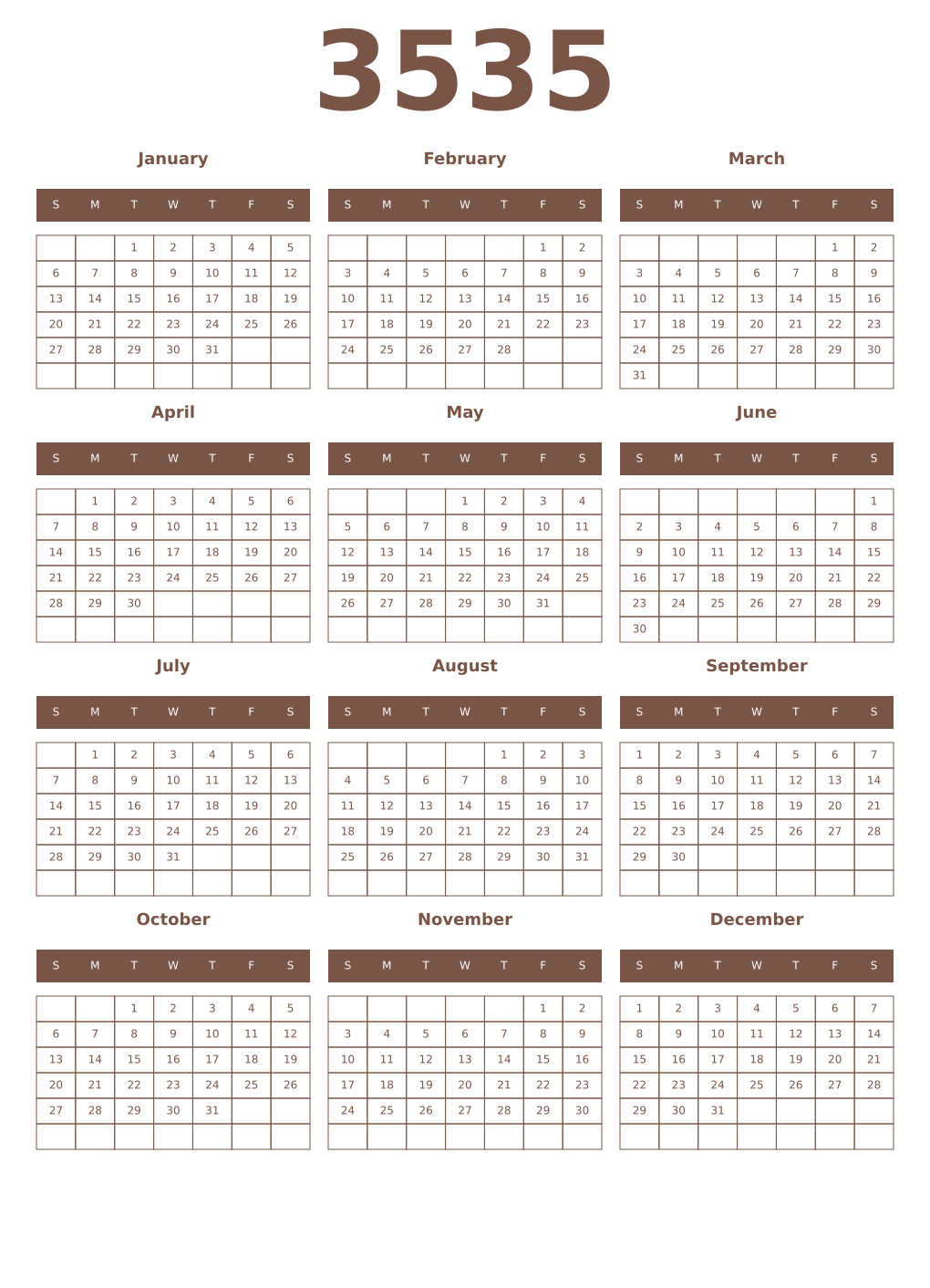 Printable 3535 Year Calendars coffe