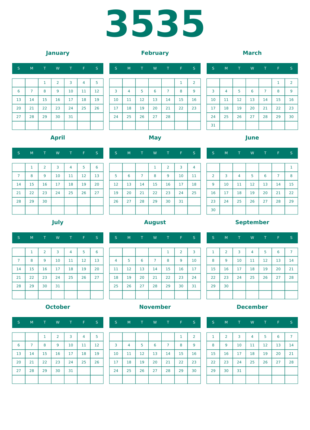 Printable 3535 Year Calendars pastel