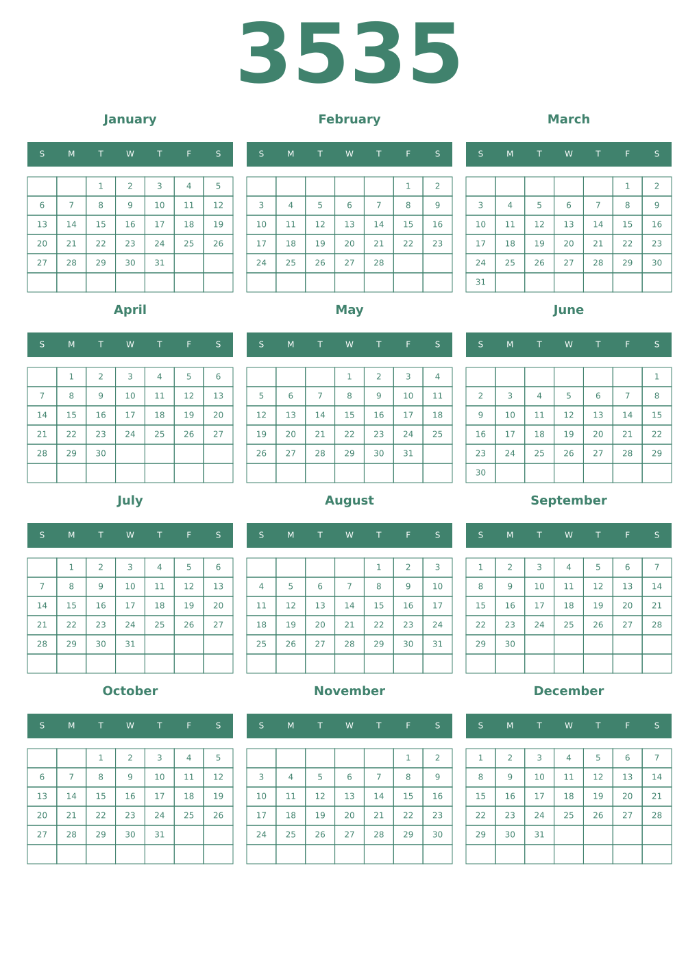 Printable 3535 Year Calendars viridian
