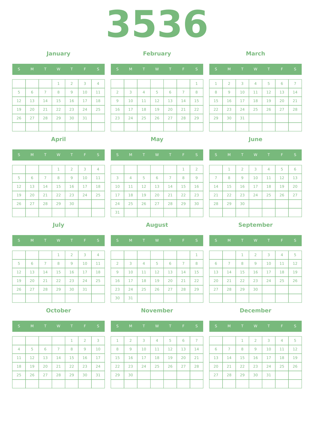Printable 3536 Year Calendars celadon