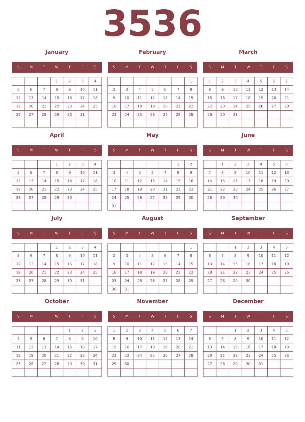 Printable 3536 Year Calendars cordovan