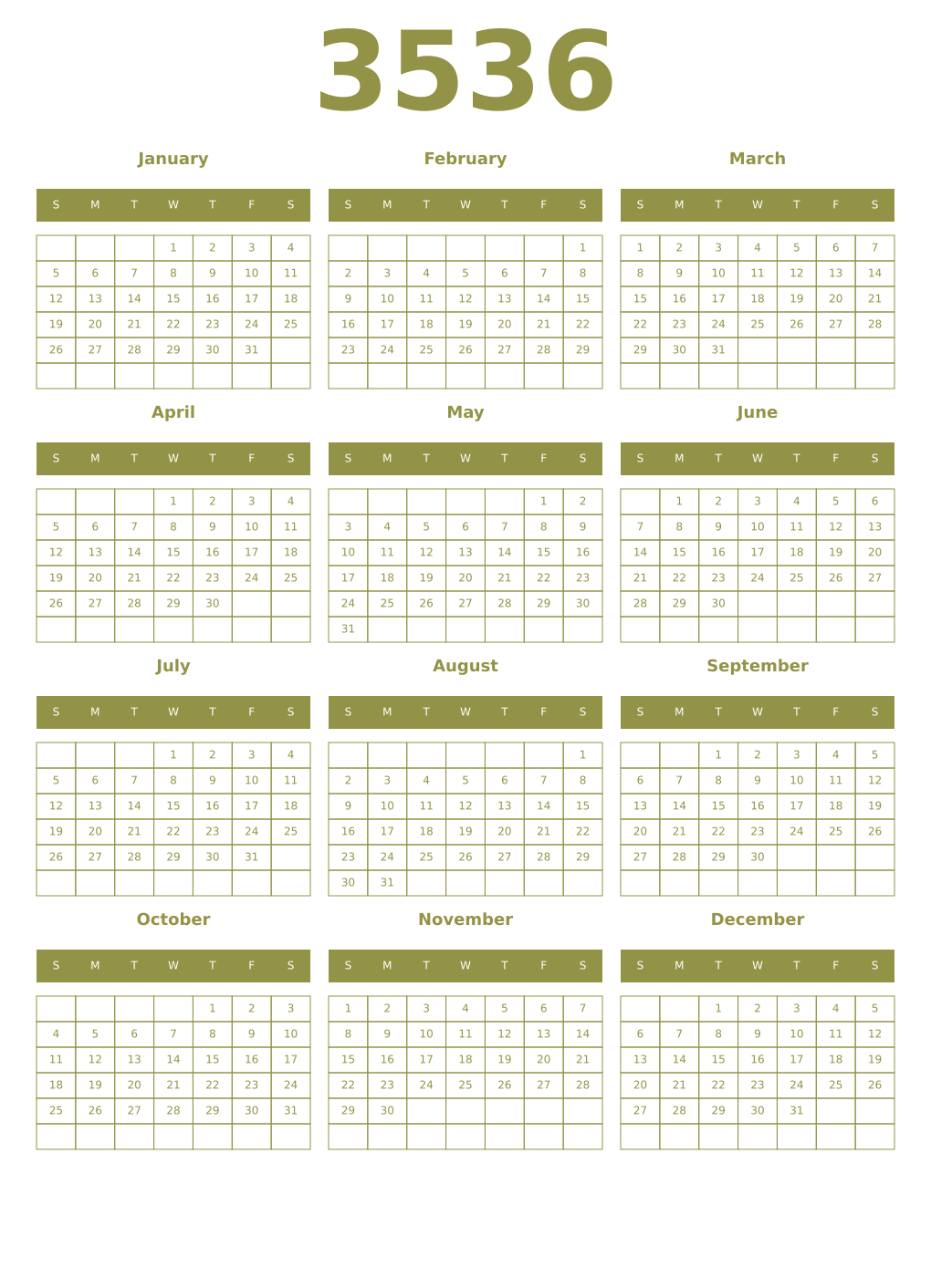 Printable 3536 Year Calendars eburnean