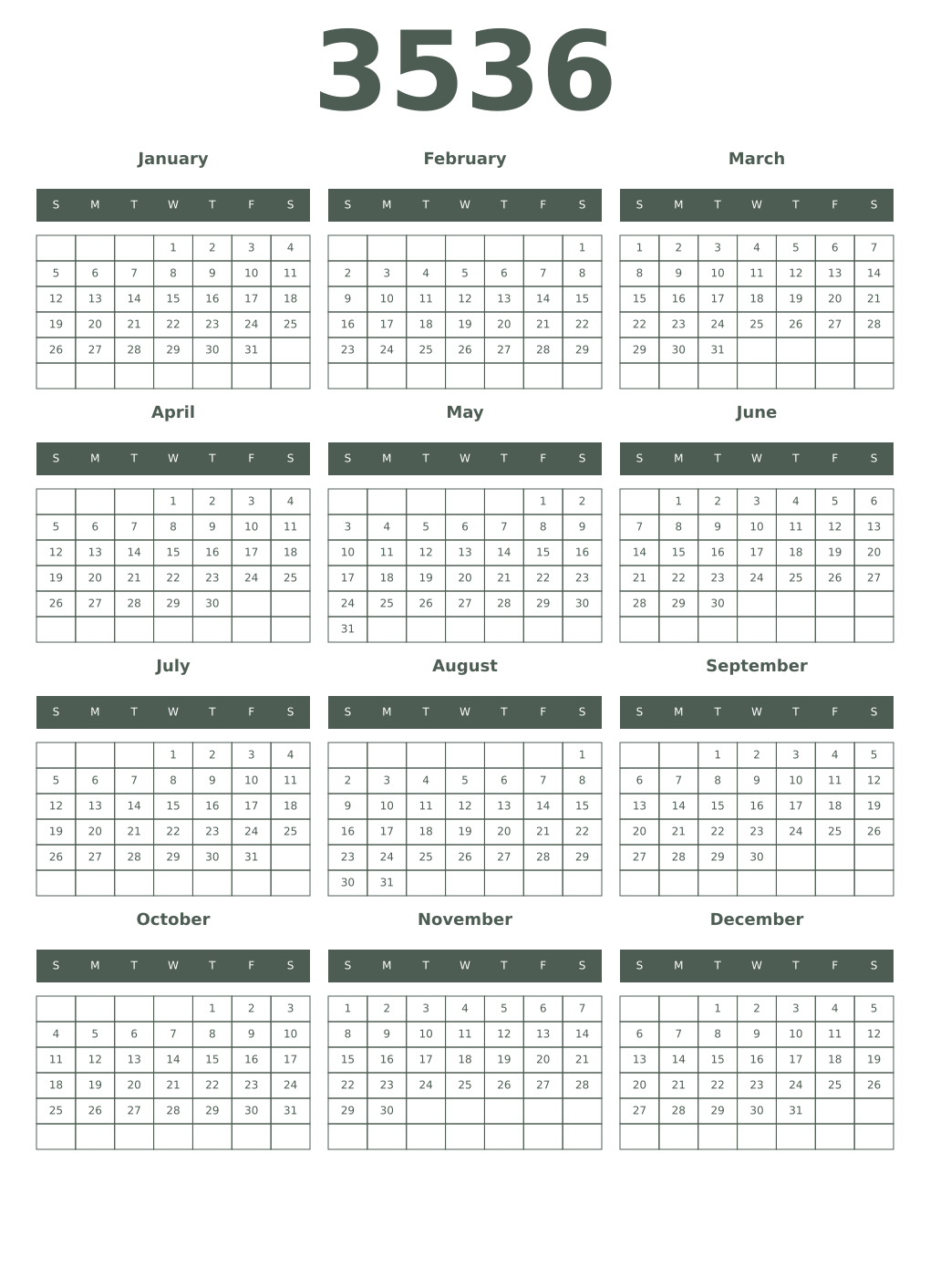 Printable 3536 Year Calendars feldgrau