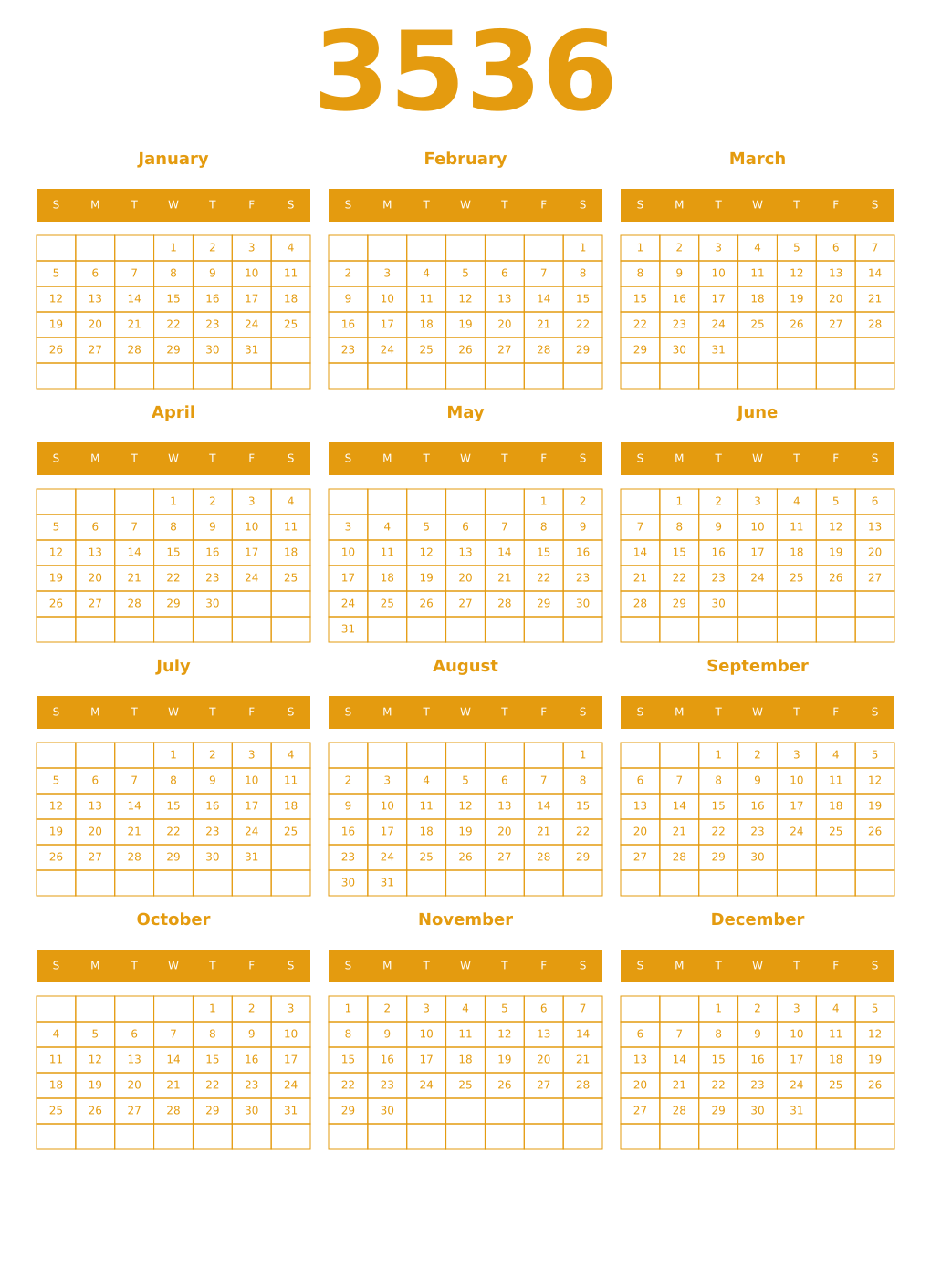 Printable 3536 Year Calendars gamboge
