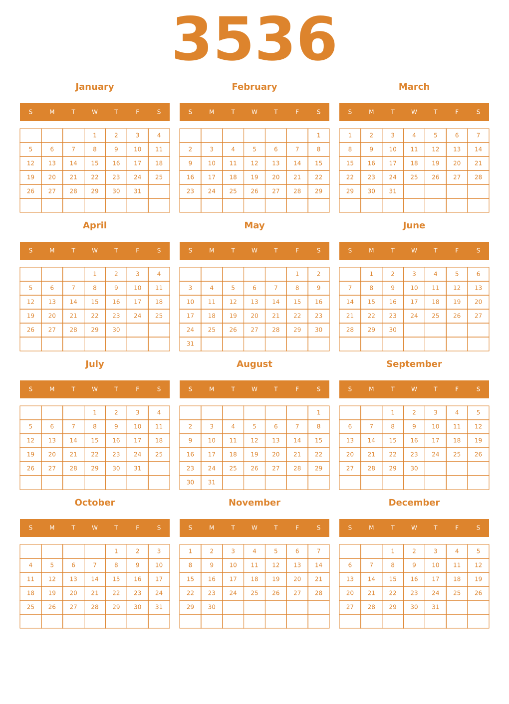 Printable 3536 Year Calendars orange