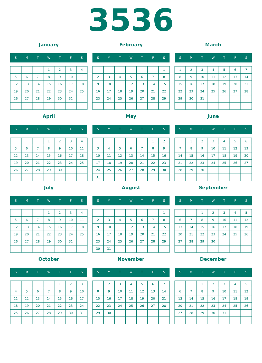 Printable 3536 Year Calendars pastel