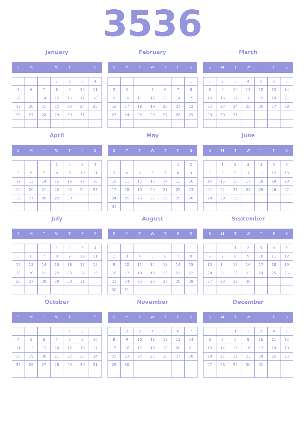 Printable 3536 Year Calendars periwinkle
