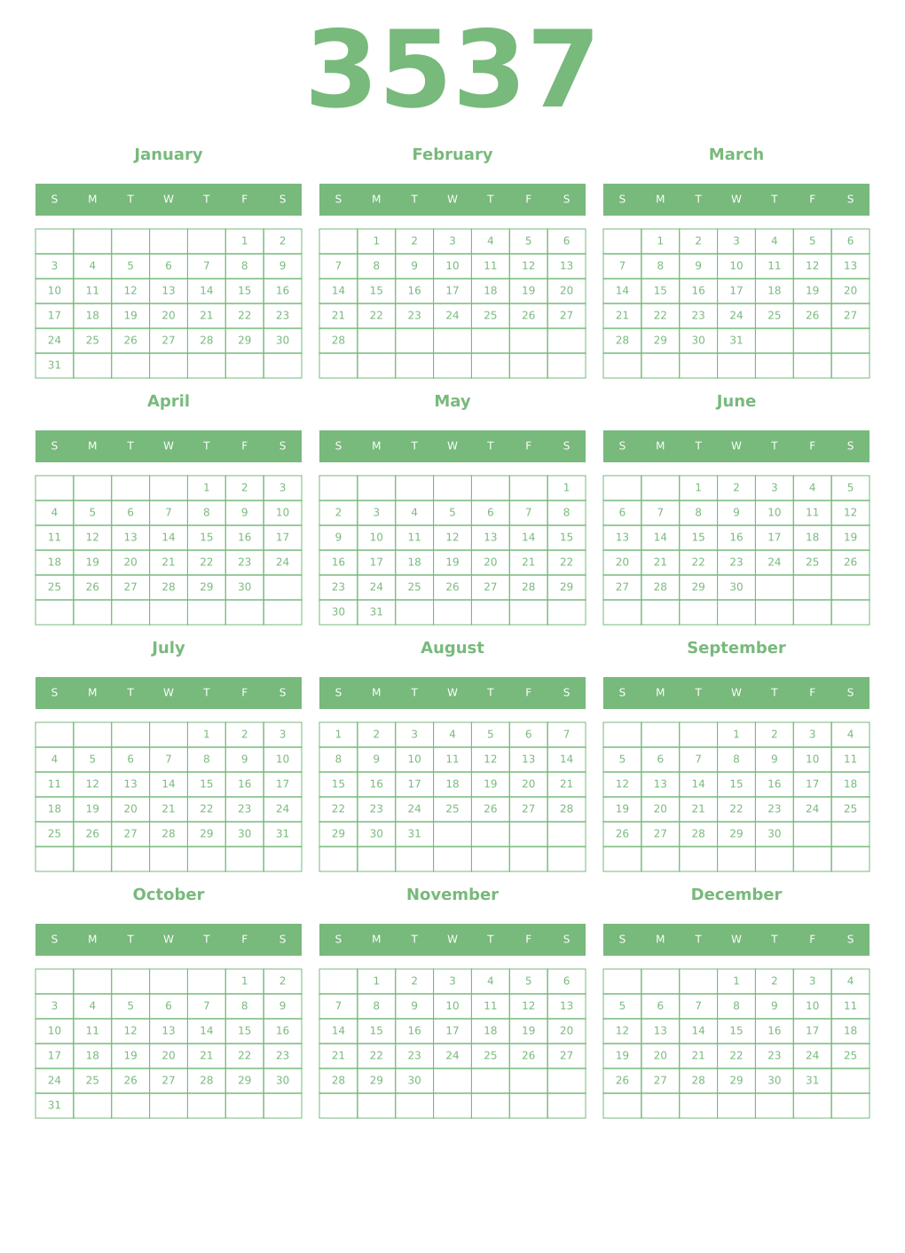 Printable 3537 Year Calendars celadon
