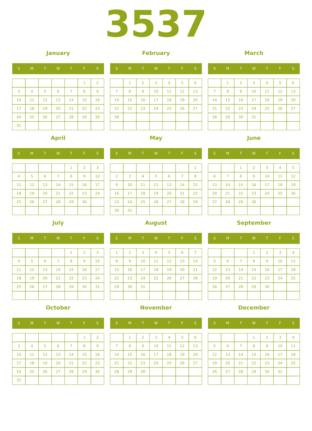 Printable 3537 Year Calendars chartreuse