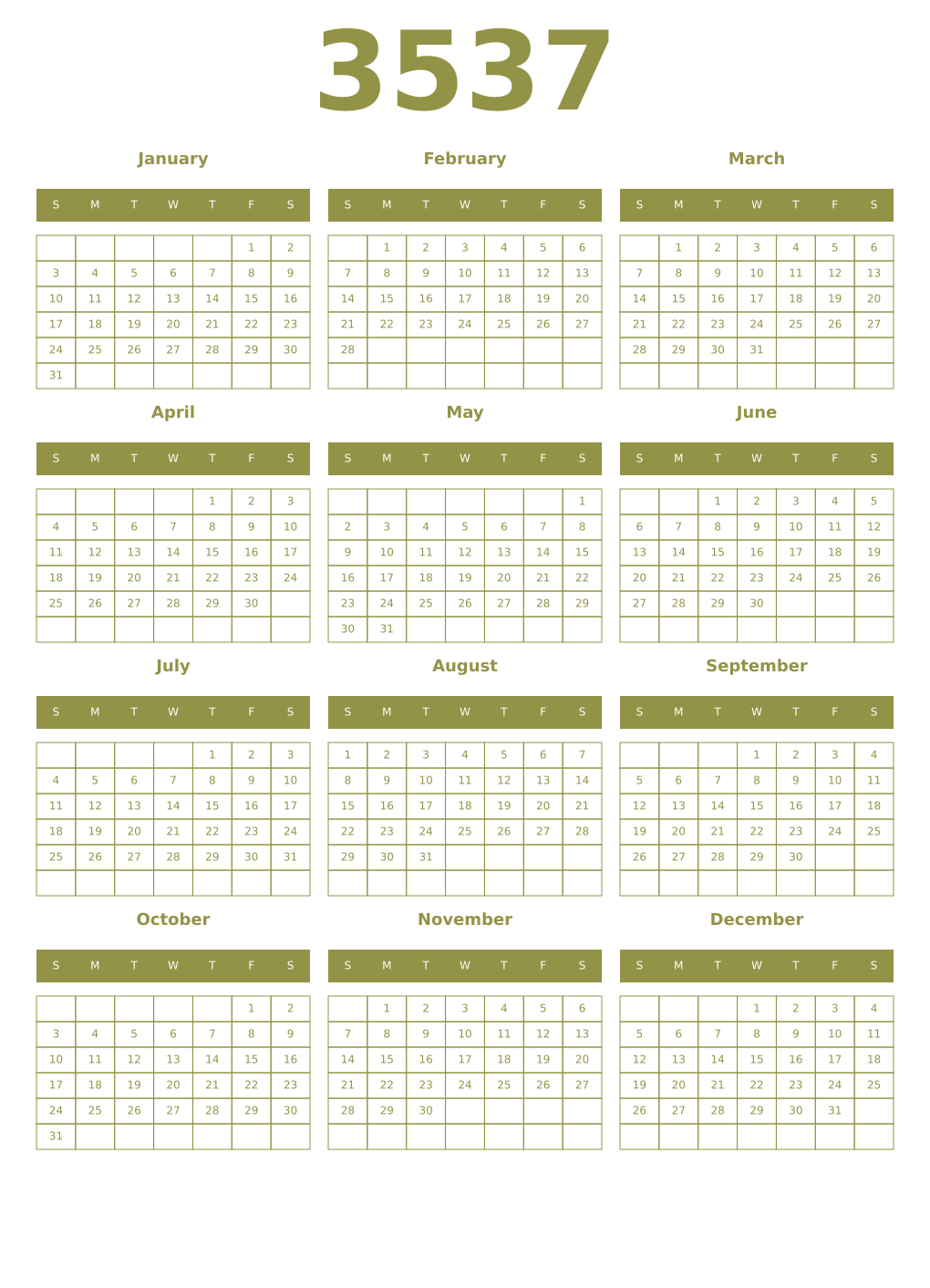 Printable 3537 Year Calendars eburnean