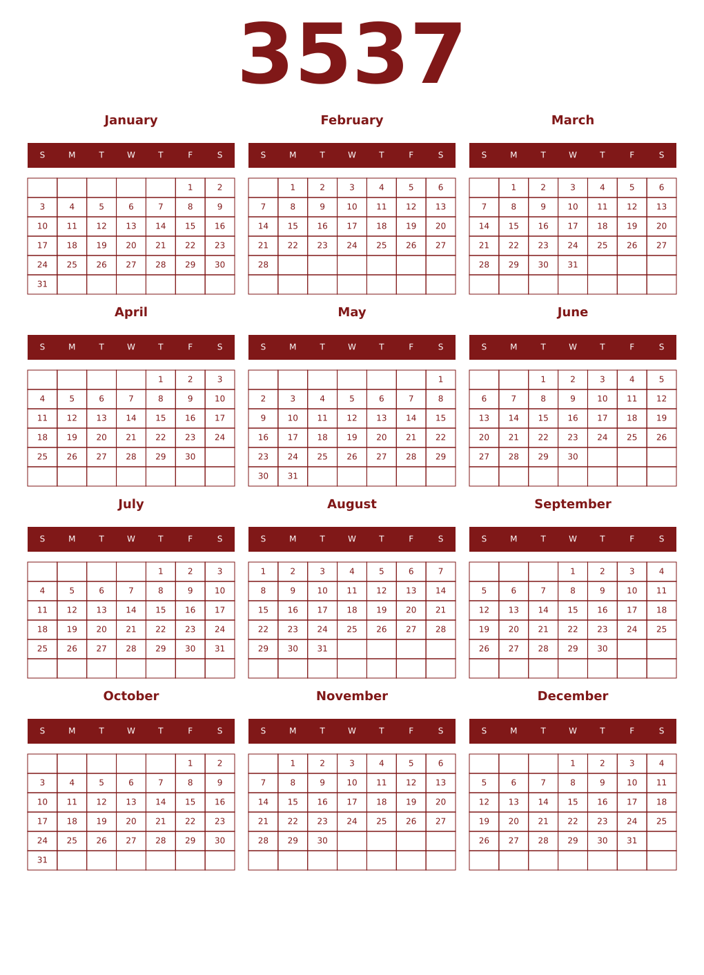 Printable 3537 Year Calendars falu