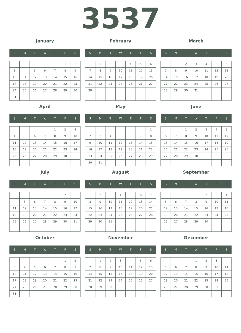 Printable 3537 Year Calendars feldgrau