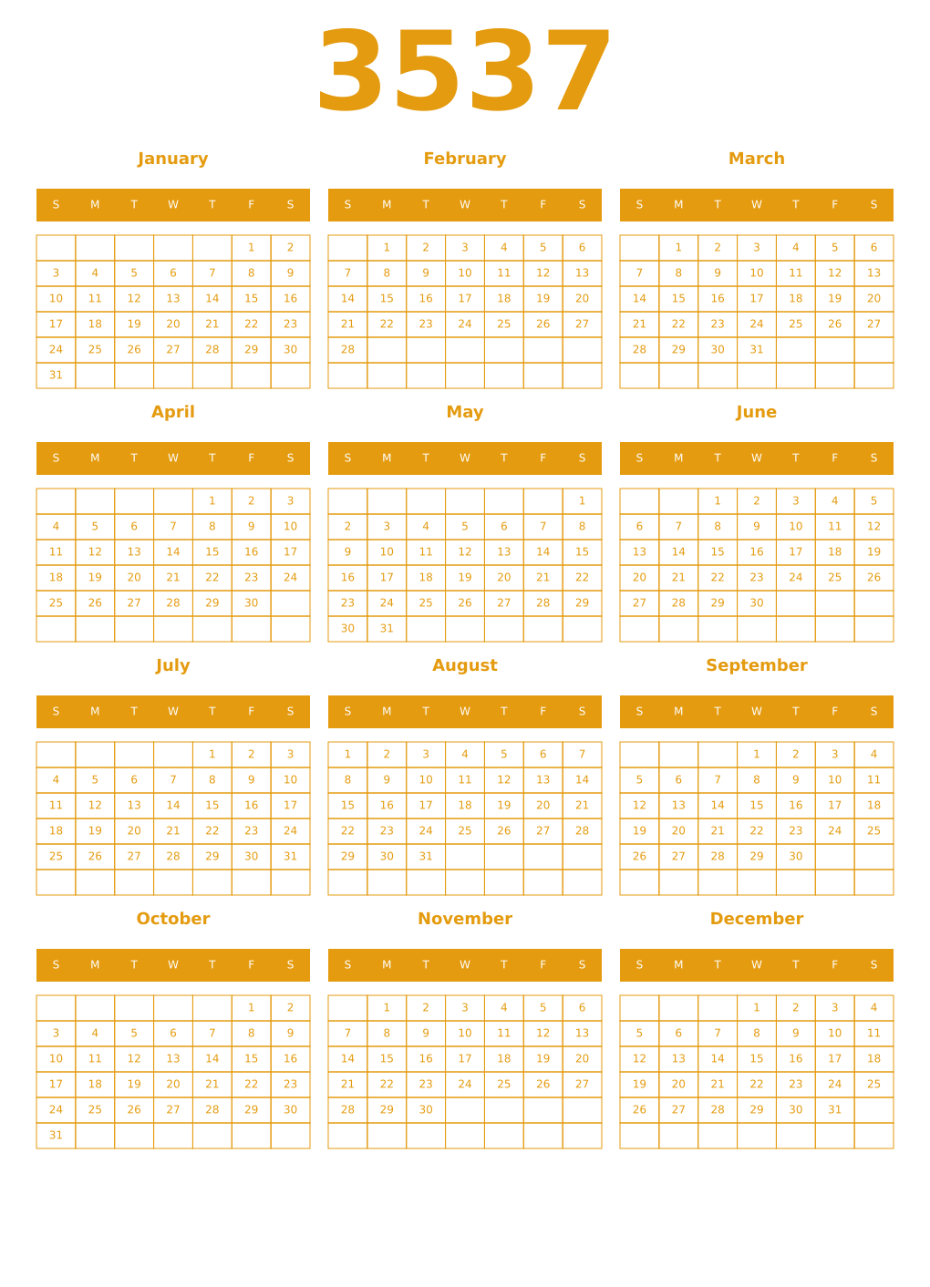 Printable 3537 Year Calendars gamboge