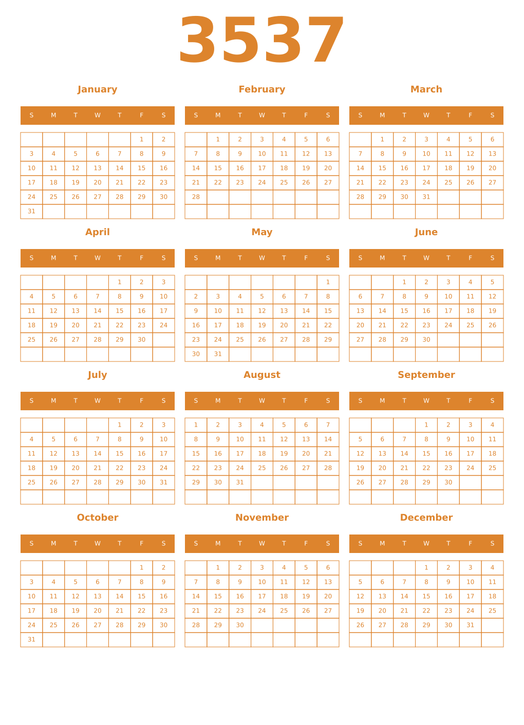Printable 3537 Year Calendars orange