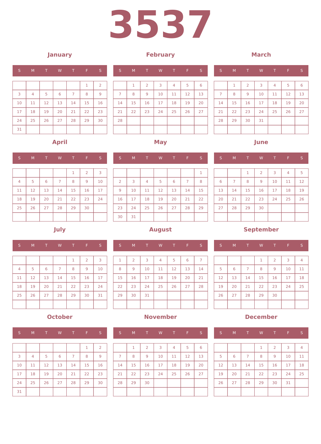 Printable 3537 Year Calendars puce