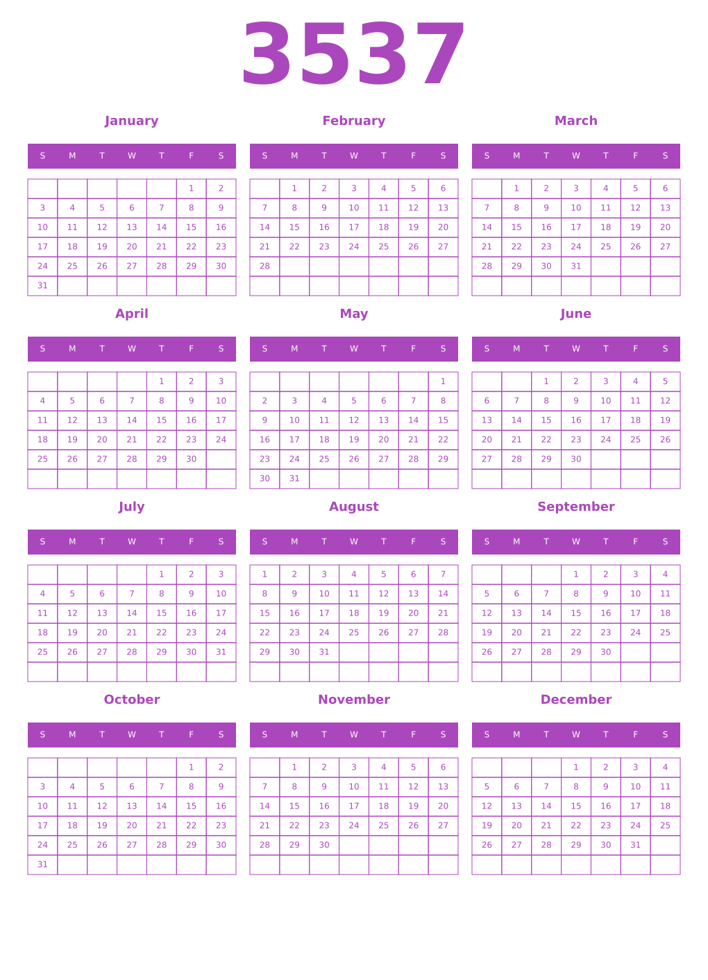 Printable 3537 Year Calendars purple