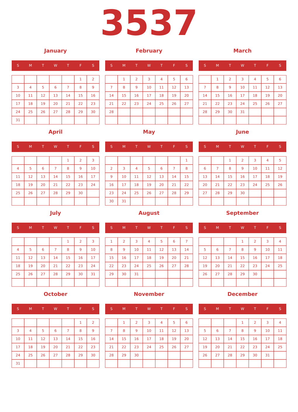 Printable 3537 Year Calendars red