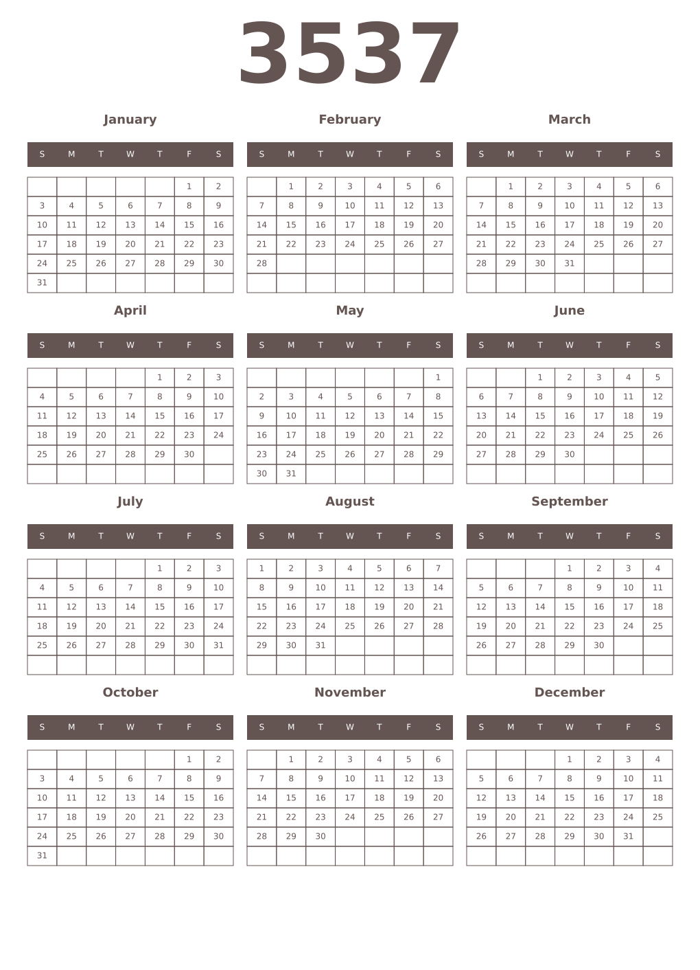 Printable 3537 Year Calendars wenge