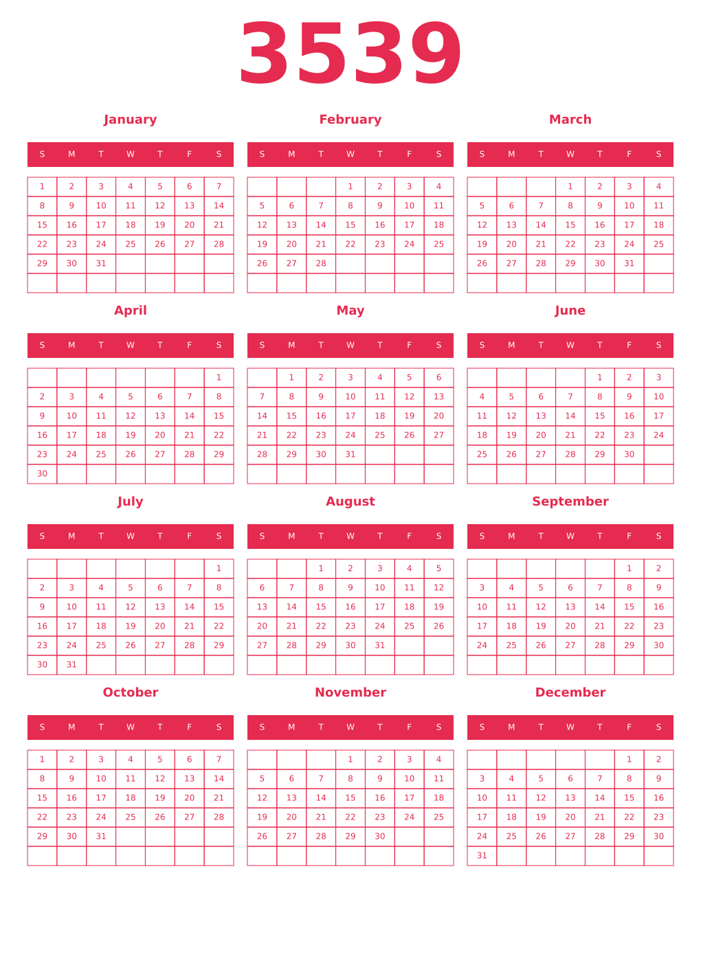 Printable 3539 Year Calendars amaranth