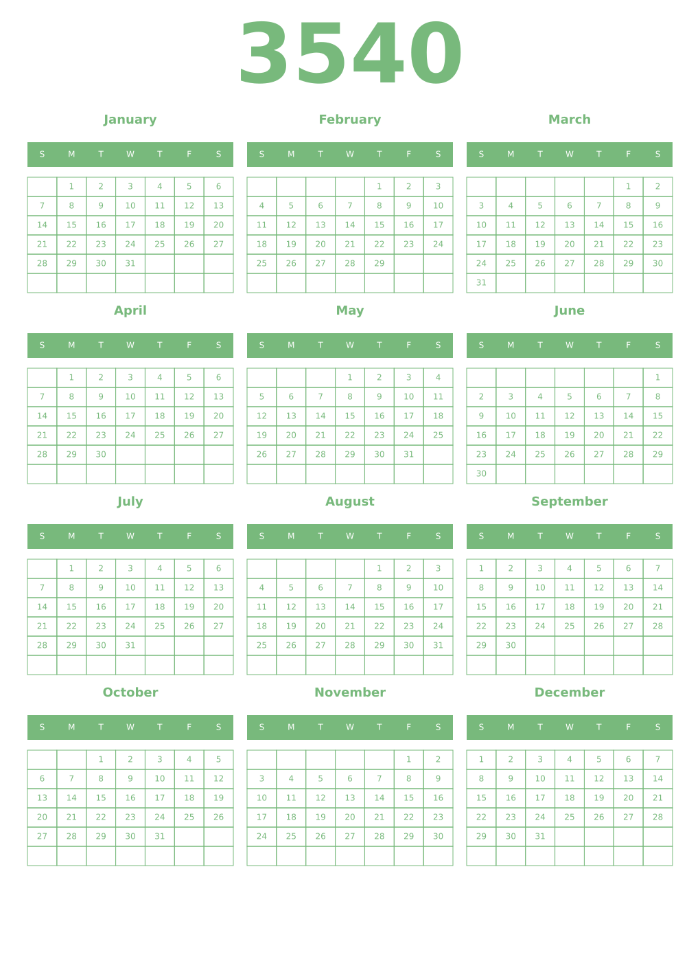 Printable 3540 Year Calendars celadon