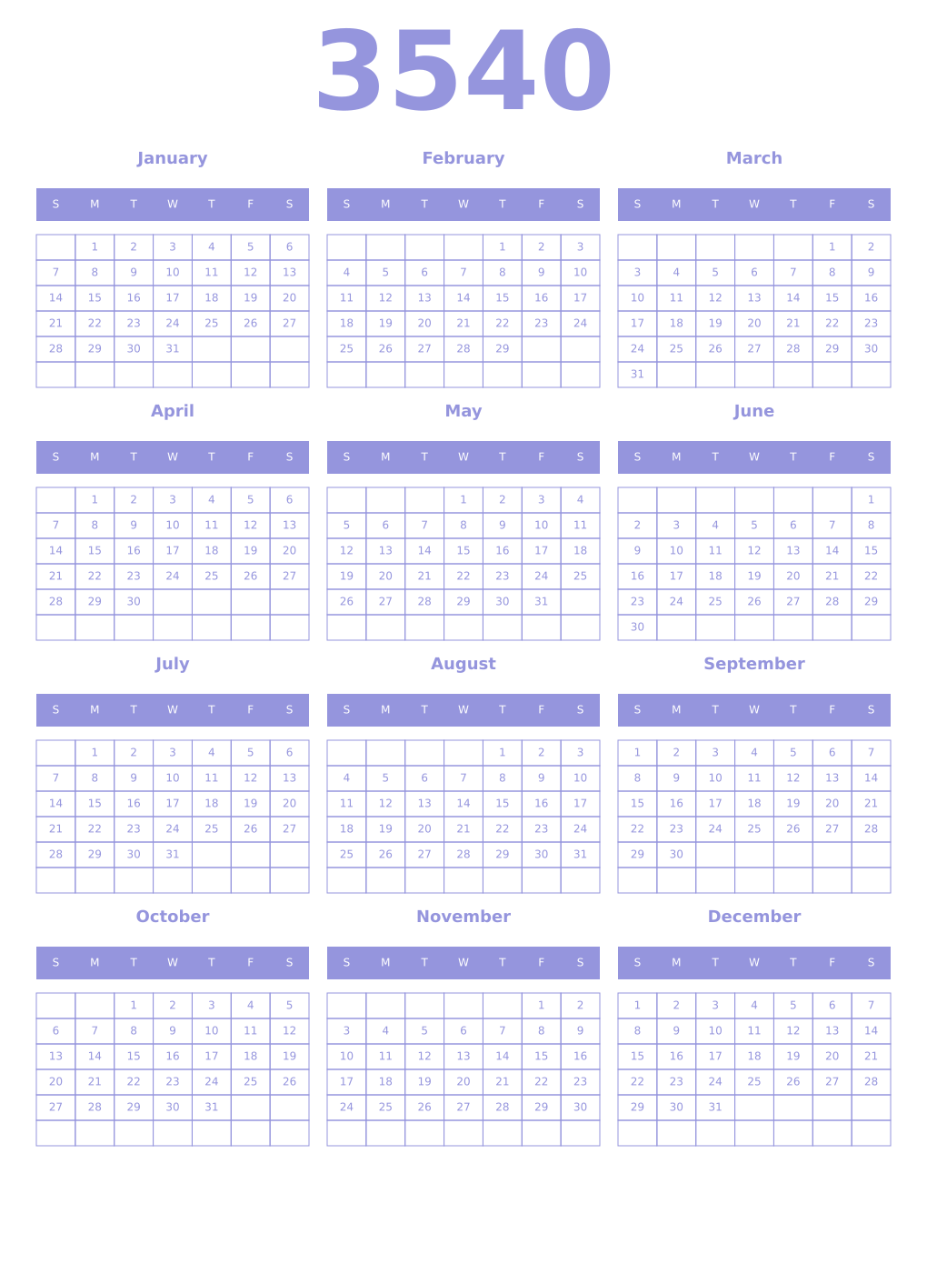 Printable 3540 Year Calendars periwinkle