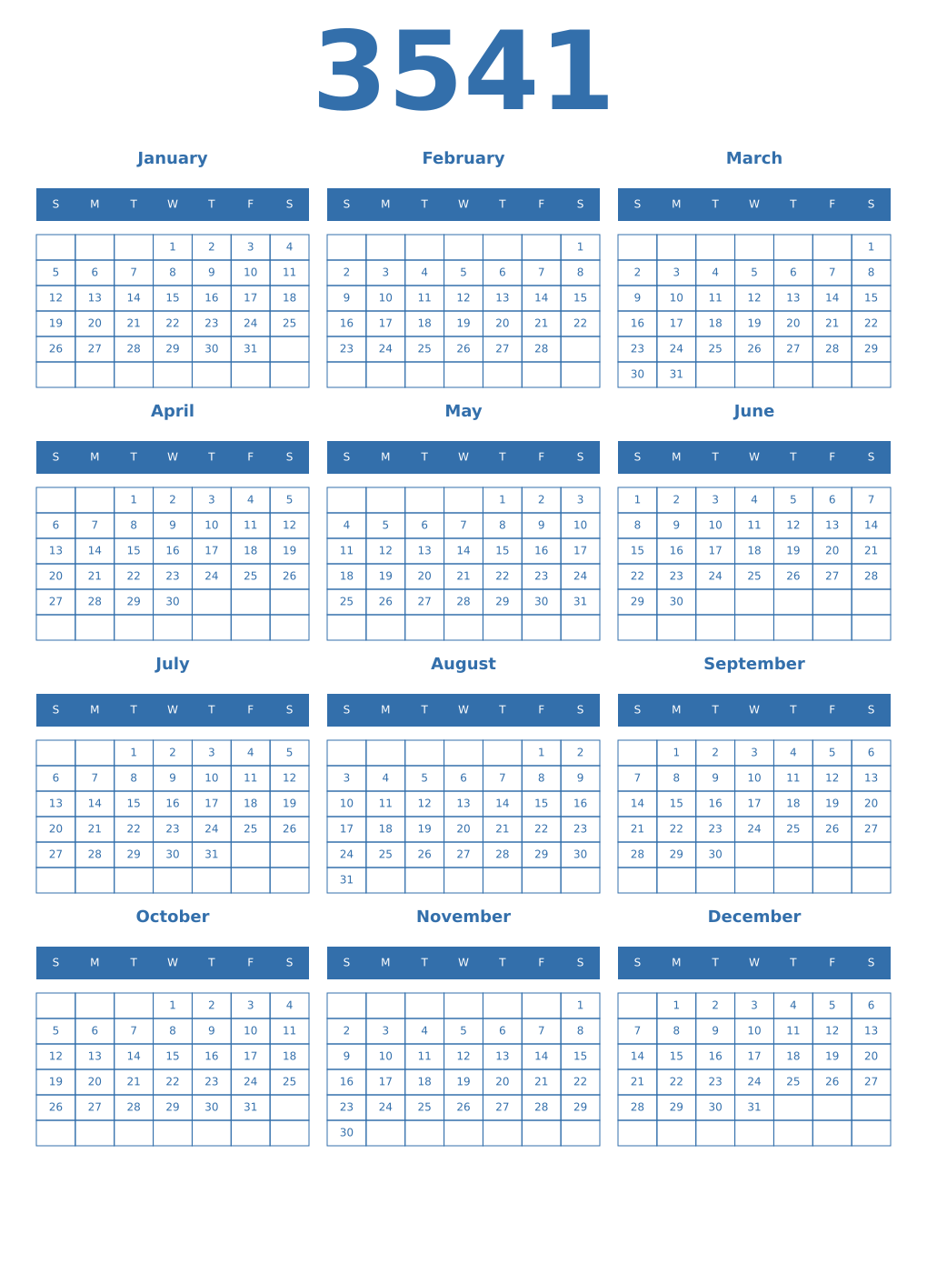 Printable 3541 Year Calendars blue
