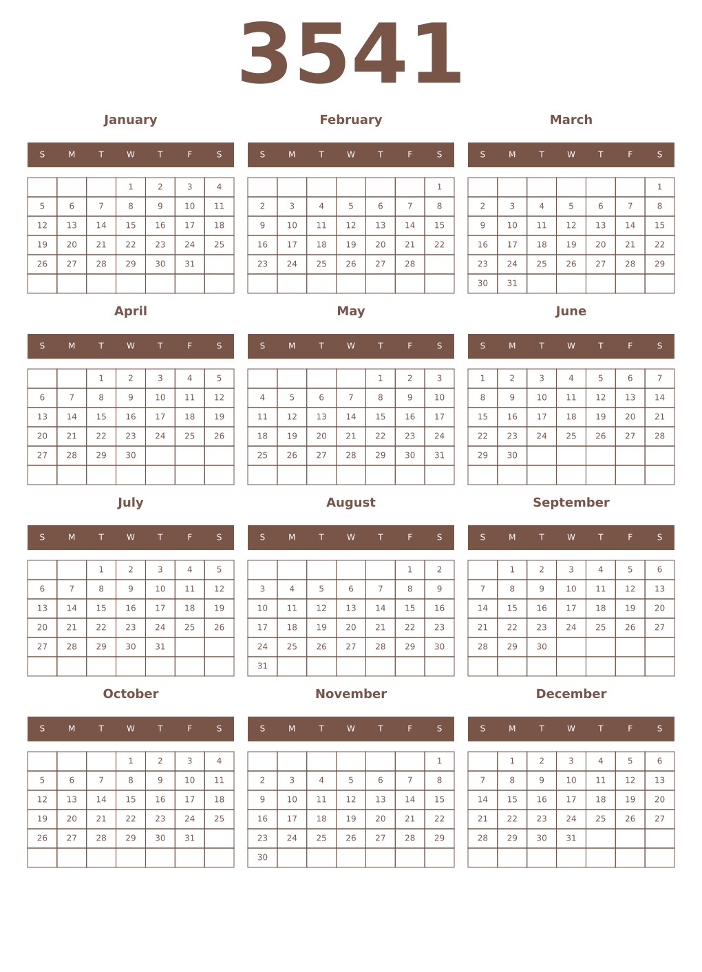 Printable 3541 Year Calendars coffe