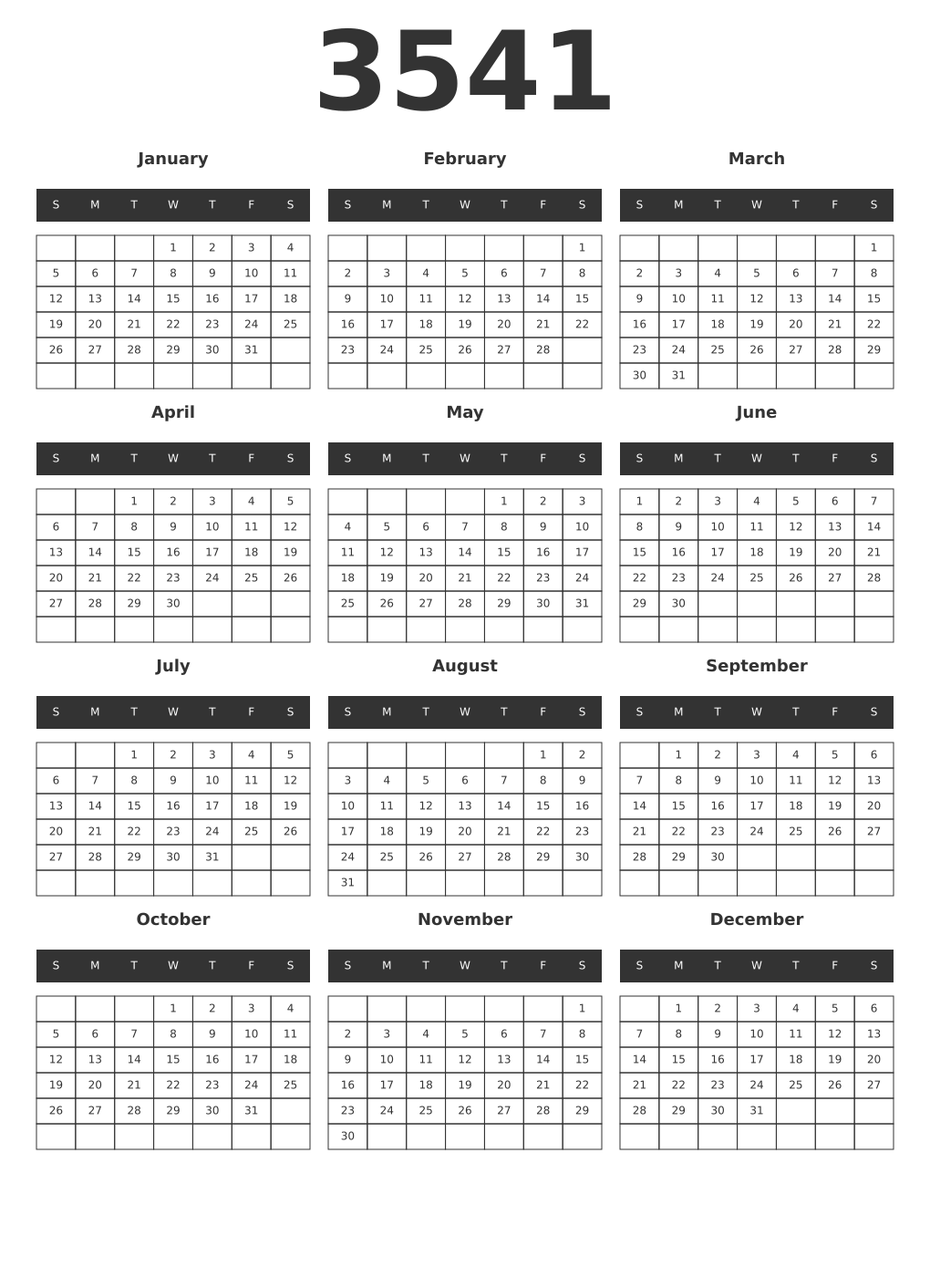 Printable 3541 Year Calendars dark