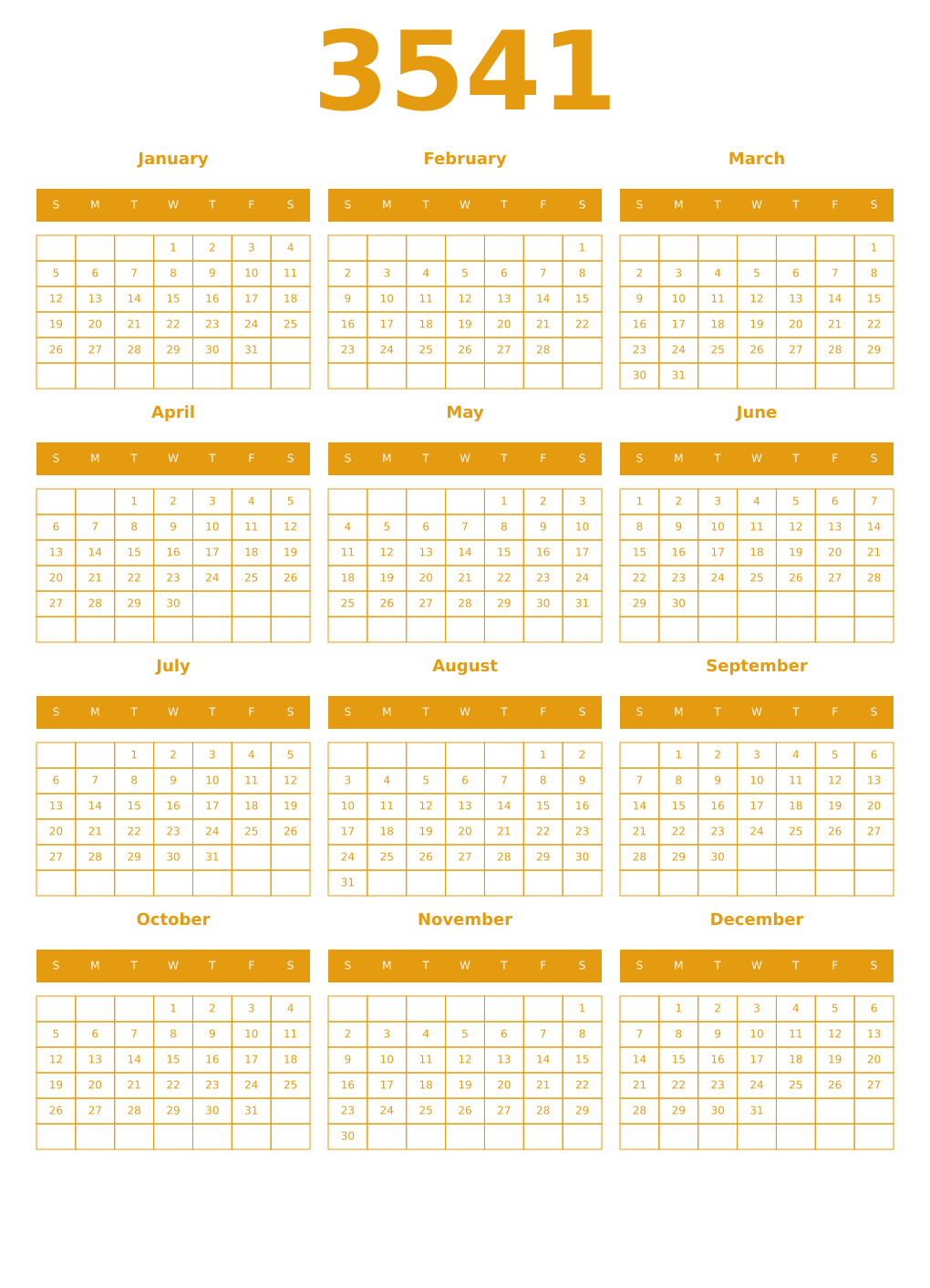 Printable 3541 Year Calendars gamboge