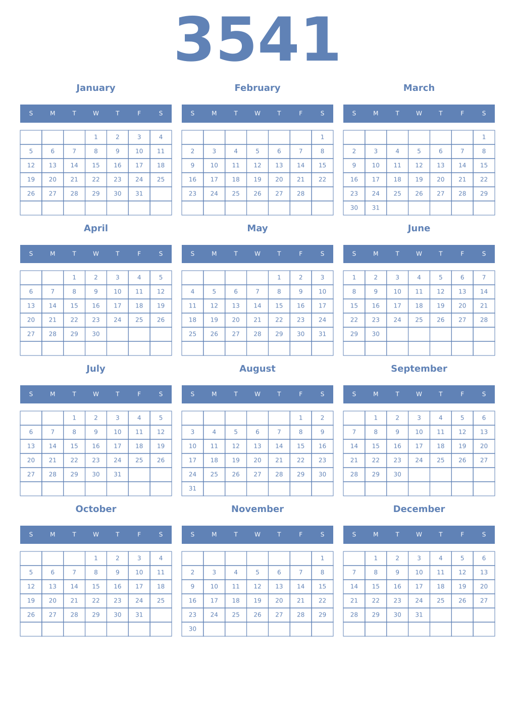 Printable 3541 Year Calendars glaucous