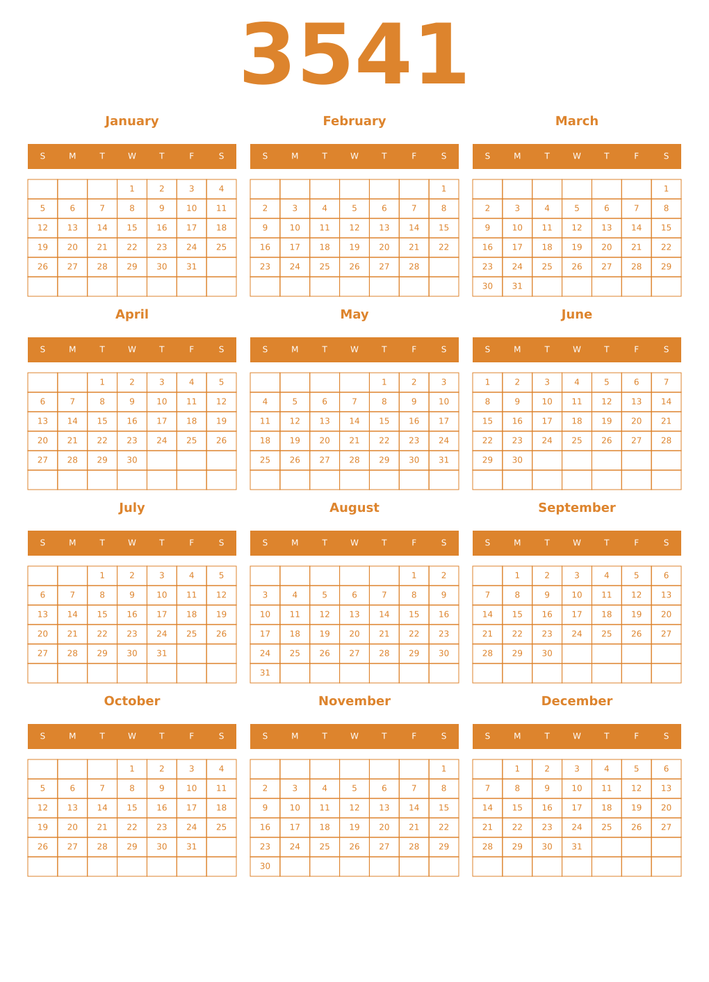 Printable 3541 Year Calendars orange