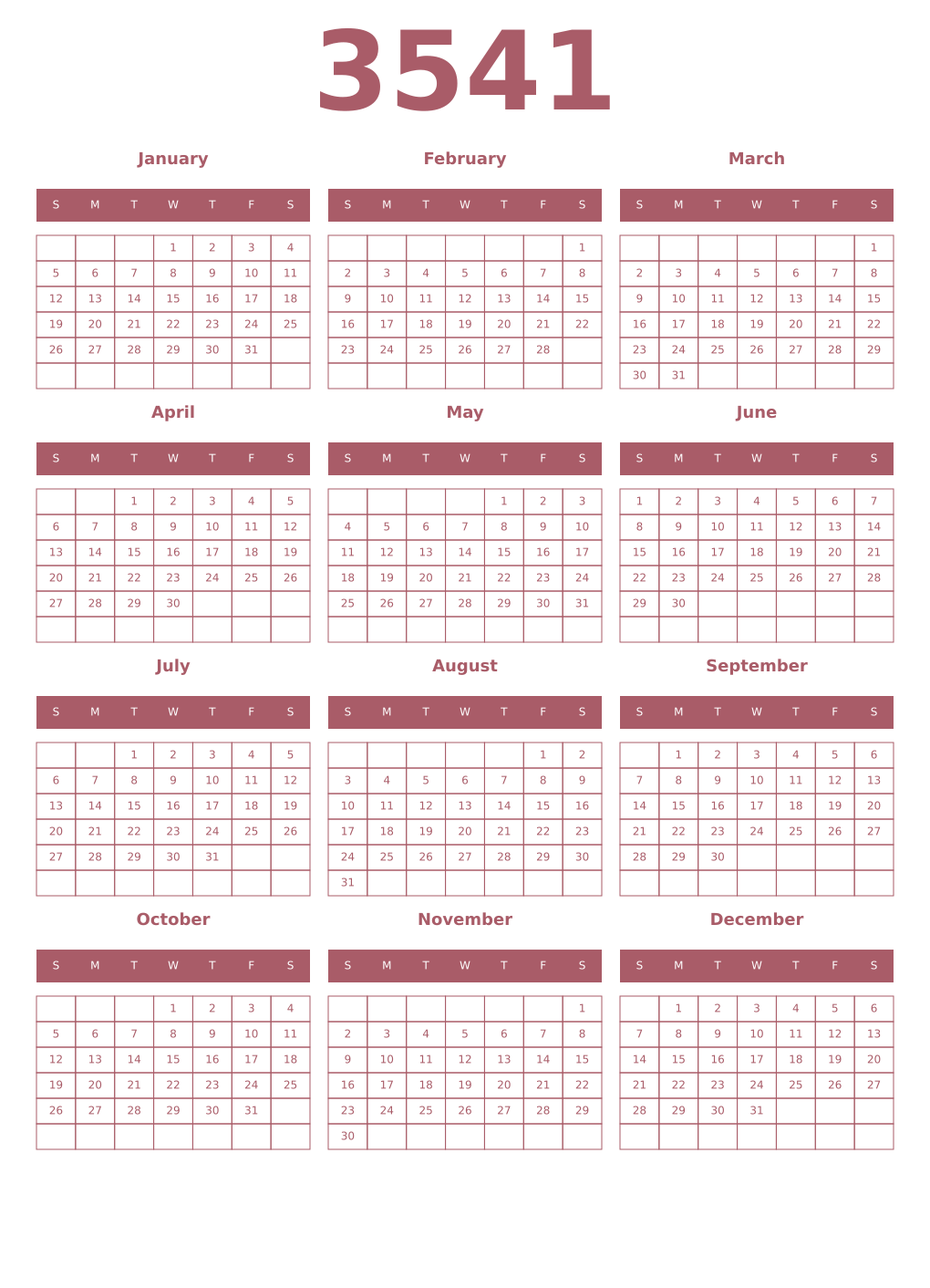 Printable 3541 Year Calendars puce