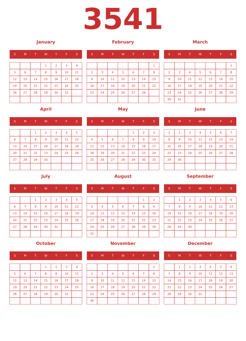 Printable 3541 Year Calendars red