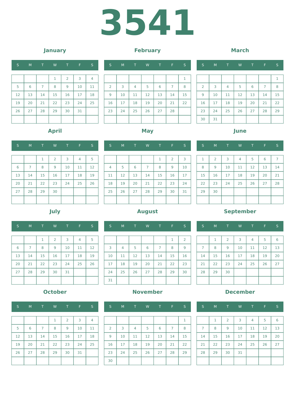 Printable 3541 Year Calendars viridian